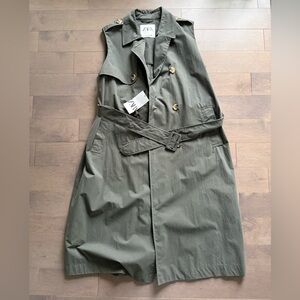 Zara Olive Green Sleeveless Trench Coat with Belt